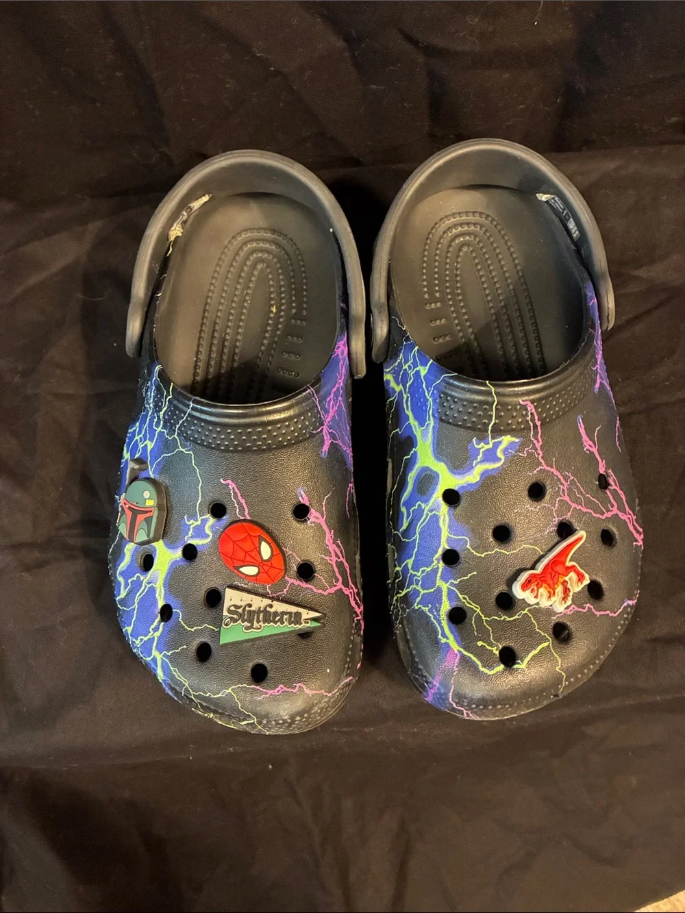 CROCS Kids Clog with Neon Lightning Print - Black, Purple, Blue